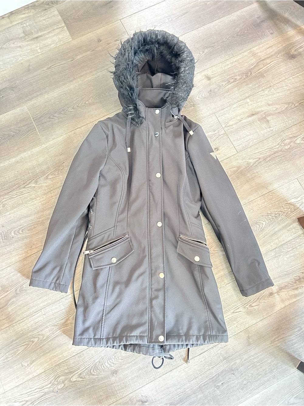 Guess Black Hooded Parka Coat - Faux Fur Trim
